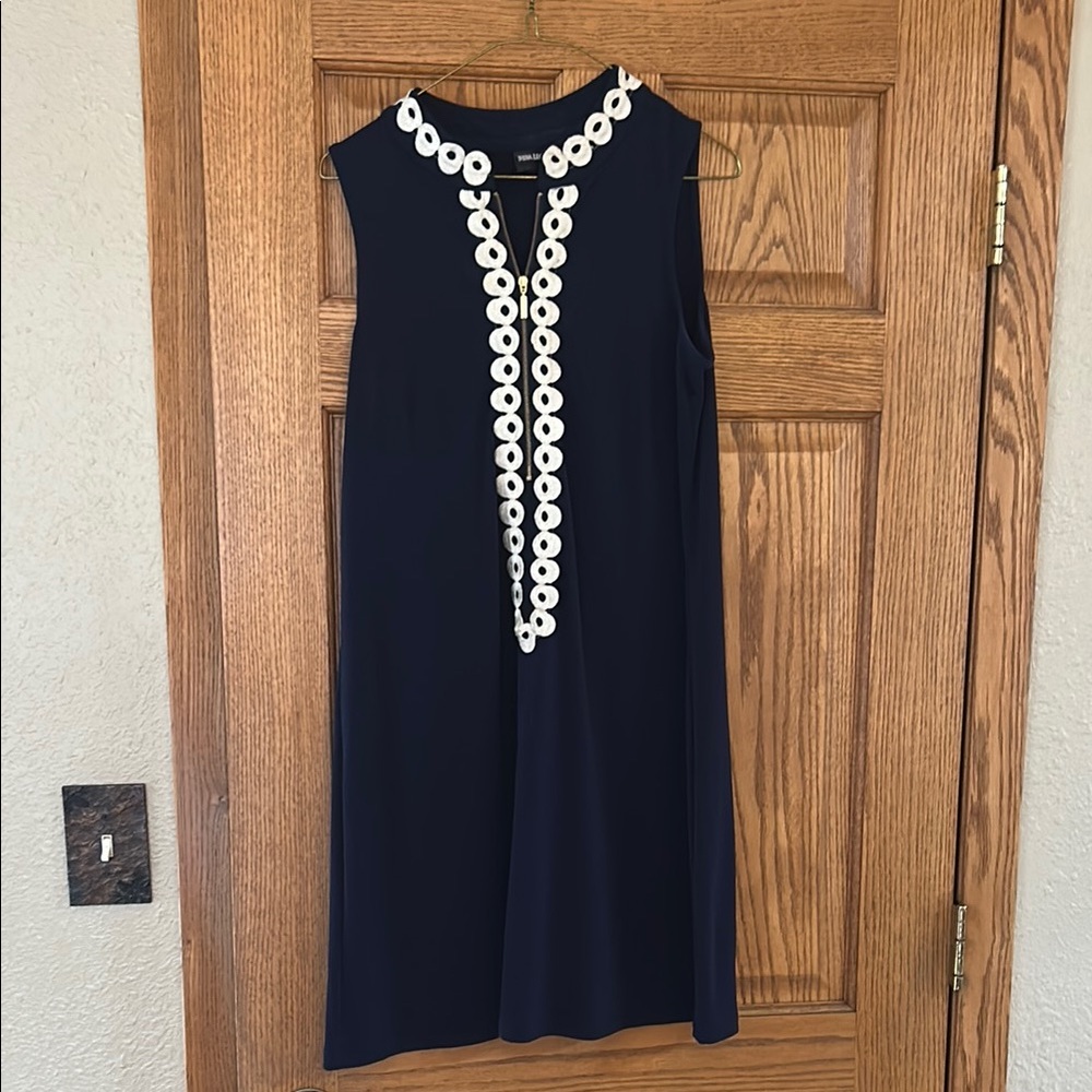 Nina Leonard M Navy Sleeveless Dress with White Trim